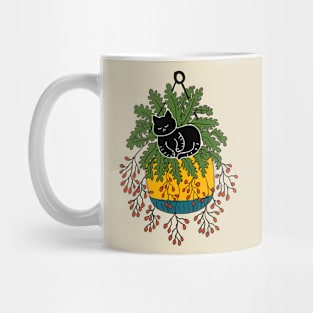 Black Cat Sleeping In A Hanging Yellow Plant Pot Mug